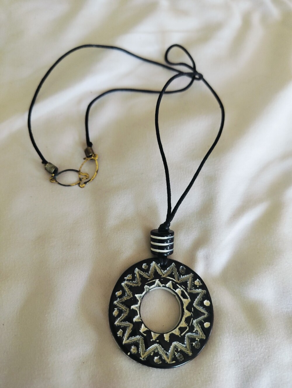 Black Resin Donut Pendant Necklace, Minimalist Geometric Accents, Black Cord 13"